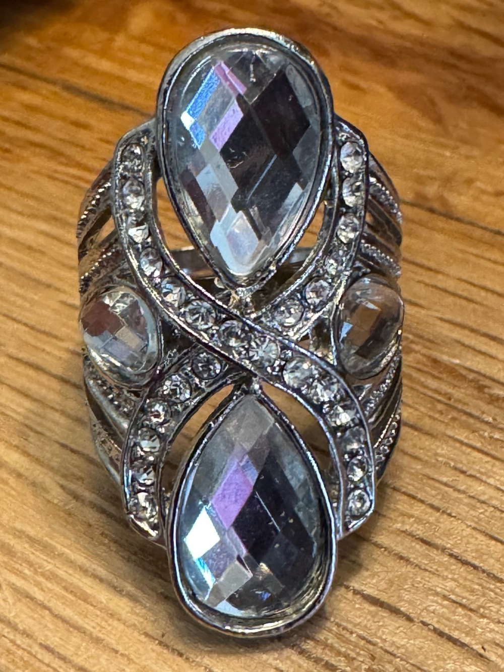 Silver Adjustable Double Teardrop Statement Piece Cocktail Ring Costume Jewelry